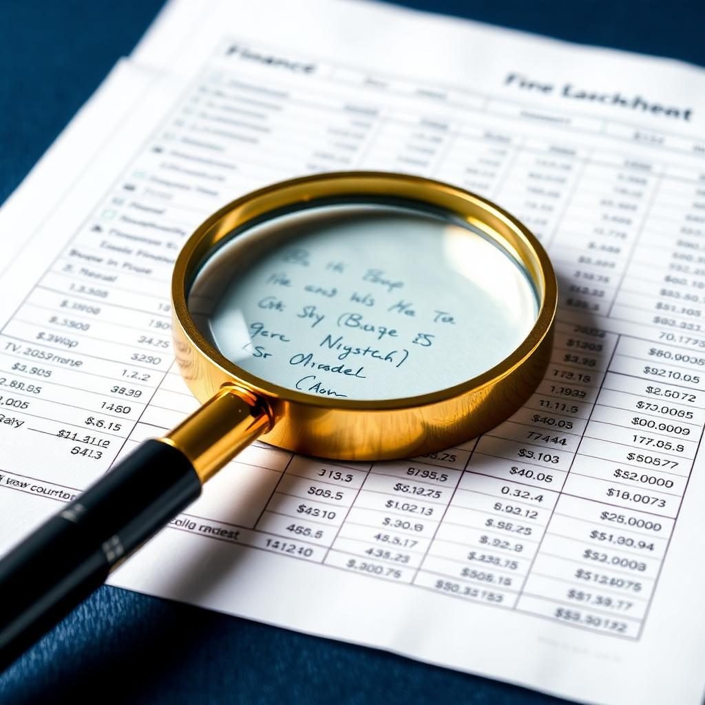 Magnifying glass over financial spreadsheet