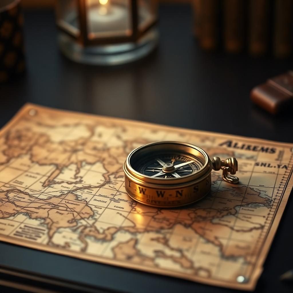 Brass compass on antique map
