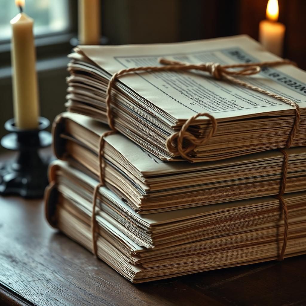 Stacked financial ledgers by candlelight