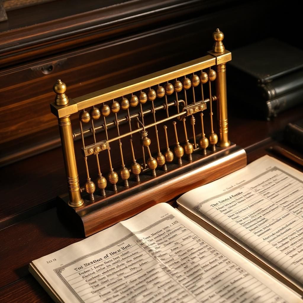Antique brass abacus on ledger pages