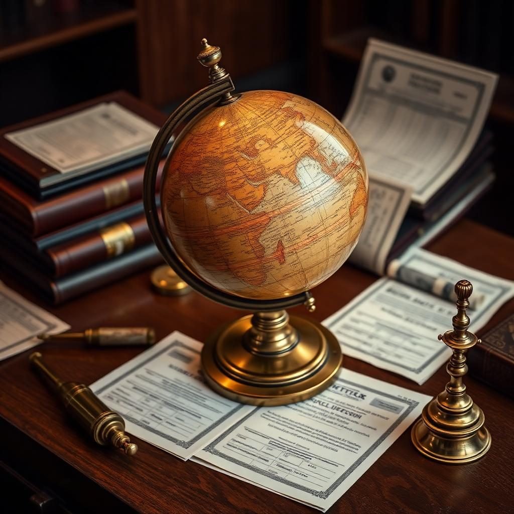 Antique globe with financial documents