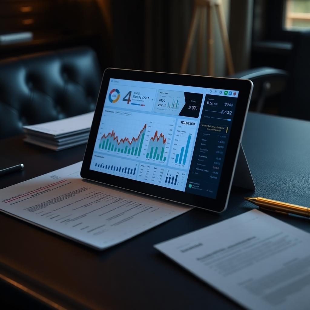 Analyst with tablet financial dashboard