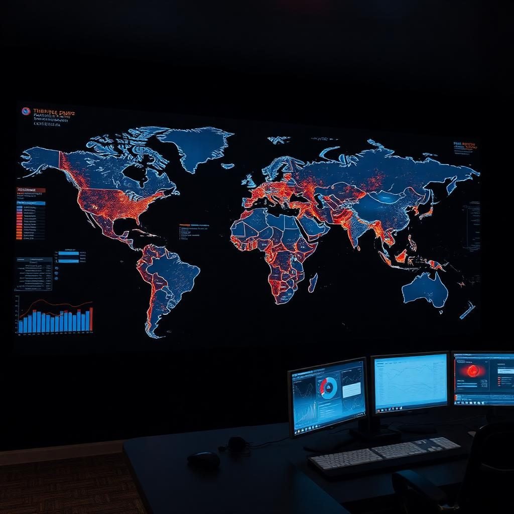 World map projection with financial overlays