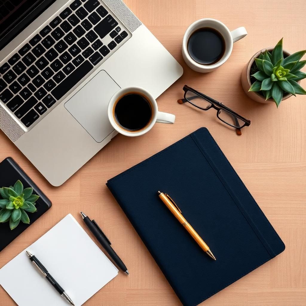 Organized desk top-down editorial