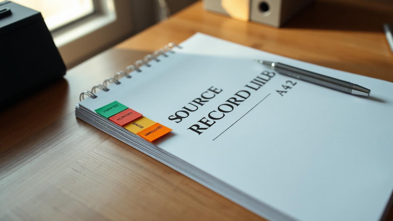 Bound source-linked record file with tab dividers labelled Verified, Record-Backed and Unresolved on a wooden desk.